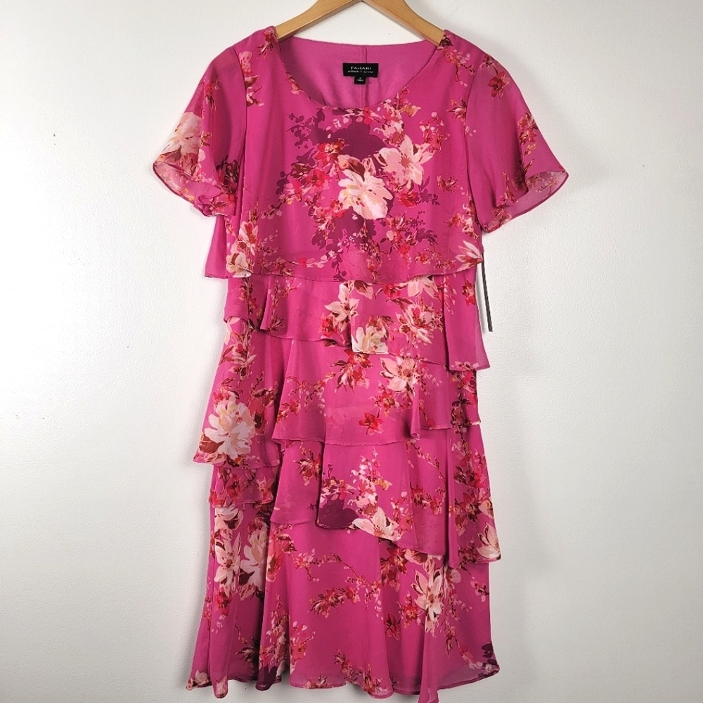Tahari Floral Pink Chiffon Overlay Ruffle Dress Size 2